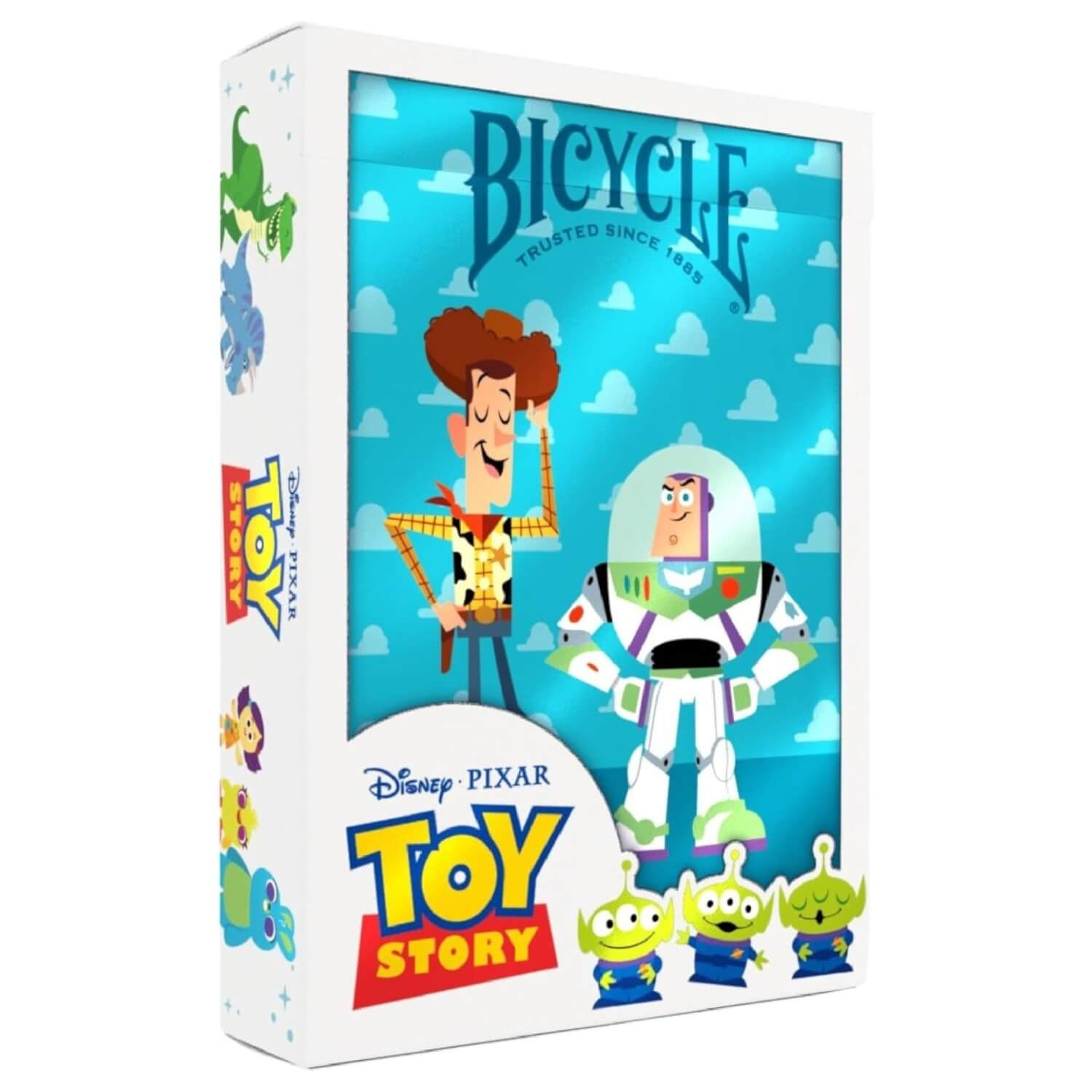 Bicycle card deck packaging featuring characters from Toy Story with Disney Pixar logo