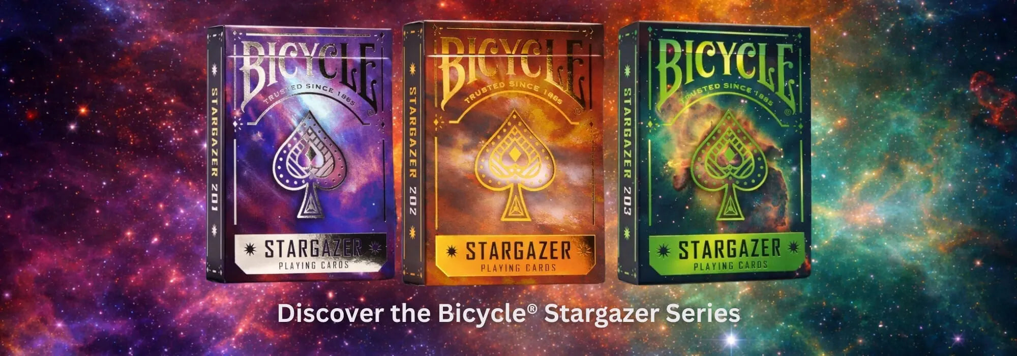 Bicycle Stargazer playing cards collection featuring cosmic galaxy designs