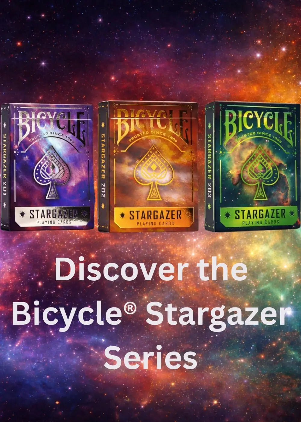 Bicycle Stargazer playing cards collection featuring cosmic galaxy designs